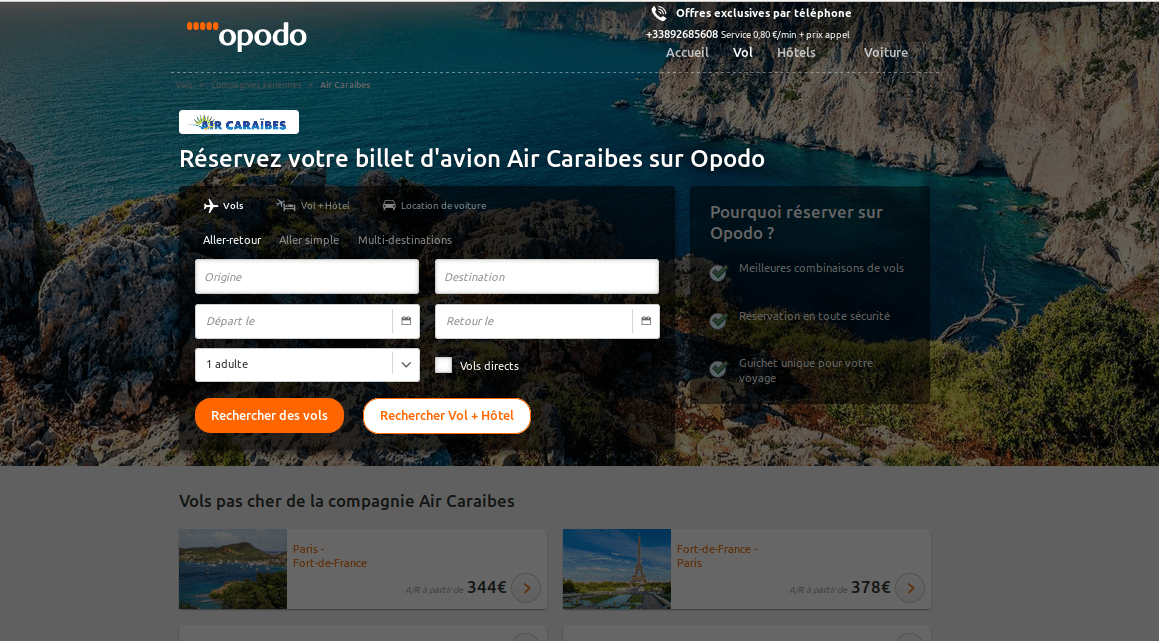 Accueil Opodo : rubrique Air Caraibes