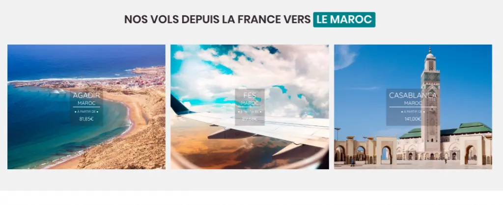 Vol Maroc pas cher, billet d'avion aller retour au départ de paris, Beauvais et Nantes. Offre pour des vols vers Agadir, Fès et Casablanca .