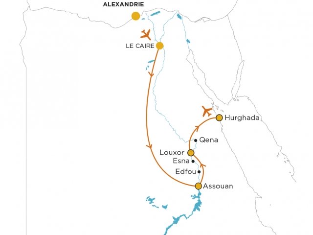 Carte Circuit touristique Egypte de 10 jours : Caire, Louxor, Esna, Edfou, Assouan,Qena, Hurghada