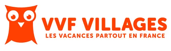 Banniere vvvf village. Logo orange avec hibou : les vacances partout en France.