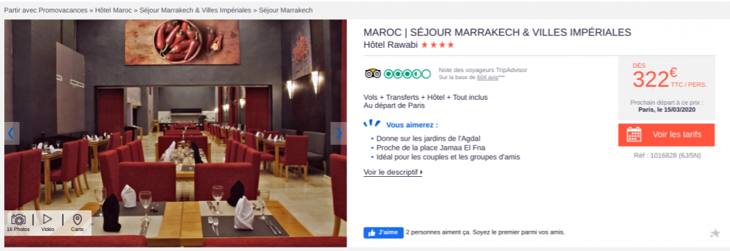Séjour Maroc pas cher avec promovacances. Offre promo  pour un séjour à Marrakech à moins de 400 euros en pension complète.