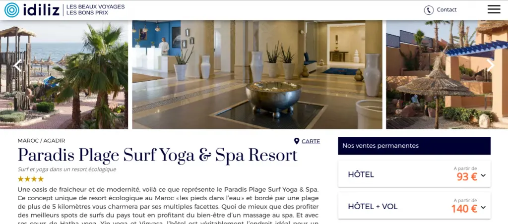 Voyage Maroc pas cher: vente privée Idiliz paradis plage surf yoga et spa resort à Agadir. hôtel seul 93€, séjour Maroc hôtel + vol à 140€.