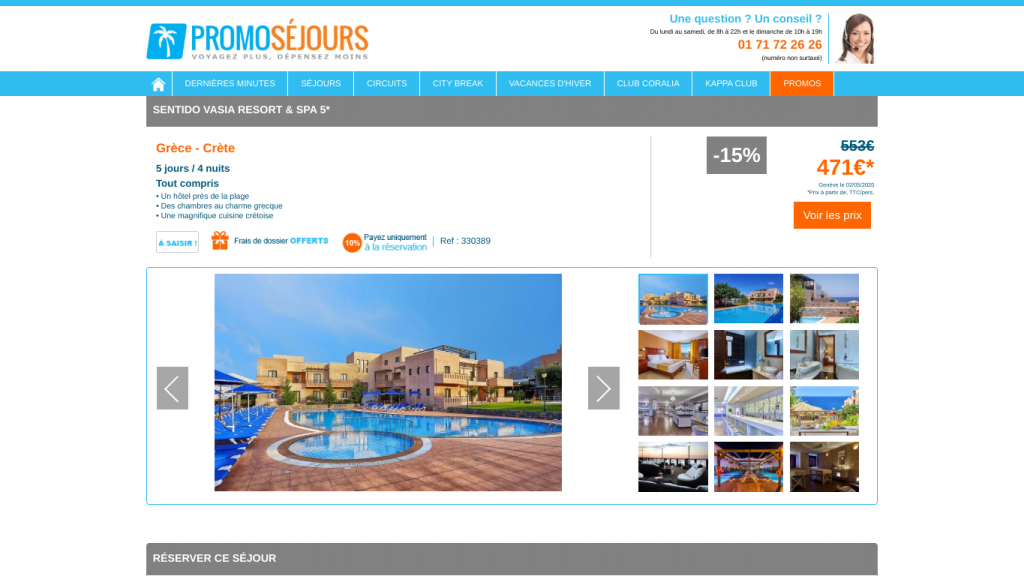 Offre de voyage promoséjours pour un voyage tout inclus en Grèce dans un hôtel 5 étoiles. Offre de séjour d'une à deux semaines à prix discount.