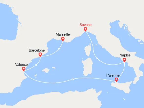 Carte du trajet , circuit de la croisière pas cher en Espagne et Italie. Départ de la croisière à Savone, destination : Naples, Palerme, Valence, Barcelone et Marseille à bord du Costa Diadema. 