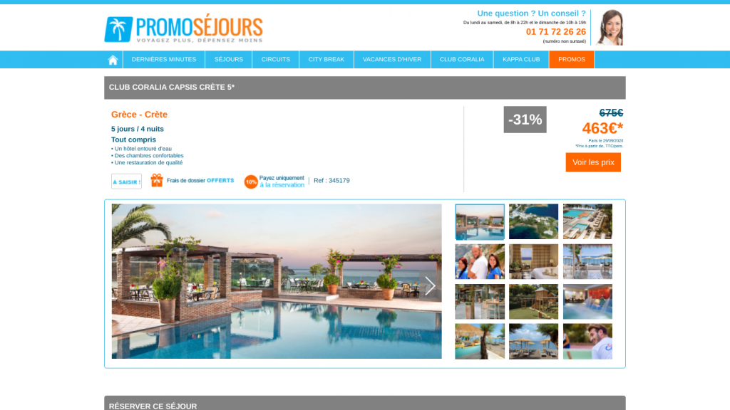 Voyage en Grèce dans le club de vacances Coralia en formule tout compris en Crète.  Promo pour un séjour d'une semaine pas cheravec réduction de 31% + paiement en plusieurs fois : 4 fois cb.