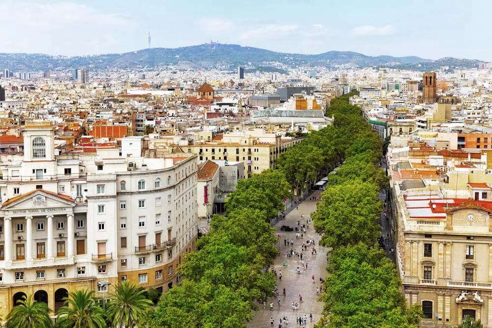 Vue aérienne de la rue la plus visitée de  Barcelone : Ramblas .