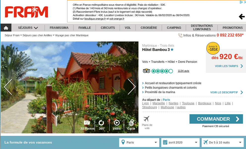 Offre promo Fram pour un voyage en Martinique dans un bungalows aux Trois Ilets : Hôtel Bambou 3 étoiles