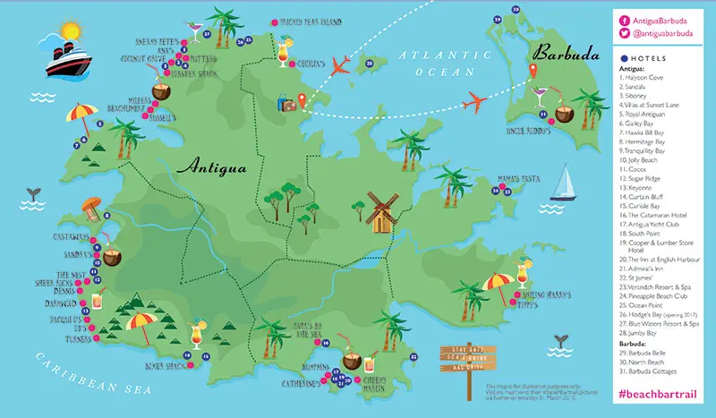 carte touristique Antigue , ce qu'il faut faire et visiter sur l'île des Caraibes