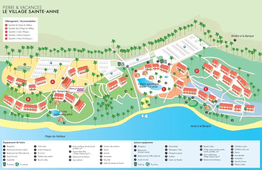 Plan/Carte du Village Pierre et Vacances Sainte Anne en Guadeloupe : plan de l'emplacement des locations de vacances