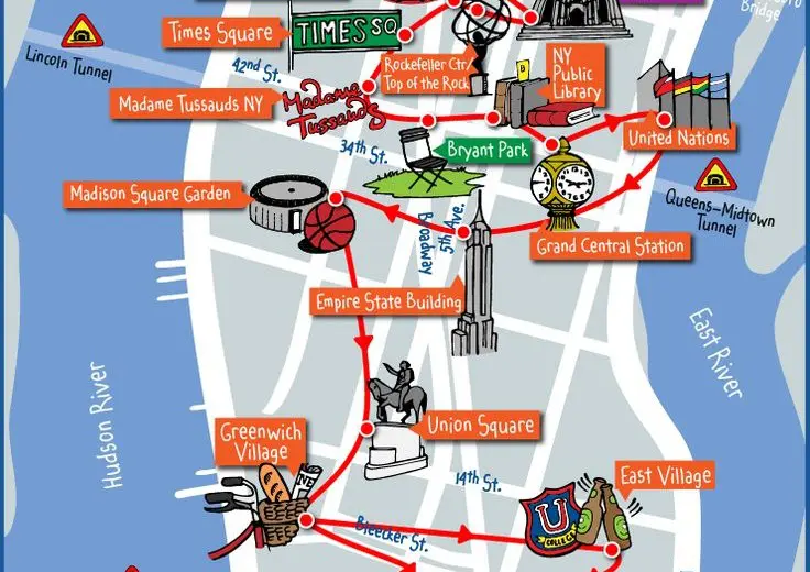 Carte touristique des monuments et lieux  touristique à New York .