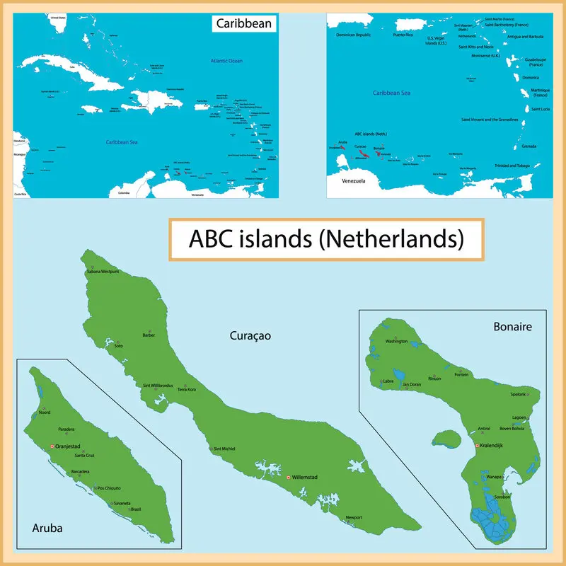 Iles ABC : cartes des îles aux Caraïbes dans la mer des Antilles 