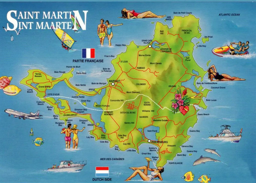 Carte touristqie de Saint Martin sur ce qu'il faut faire et visiter