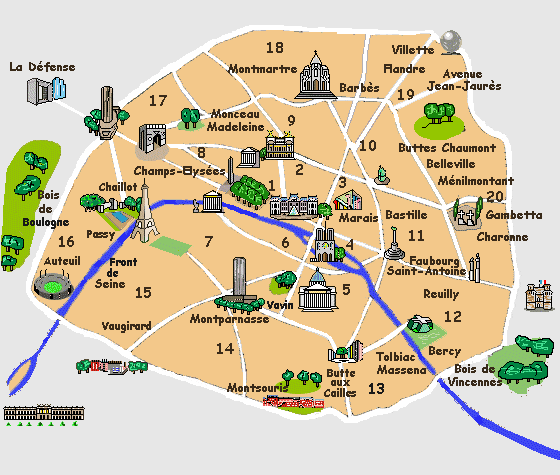 Carte des lieux touristiques à visiter à Paris .