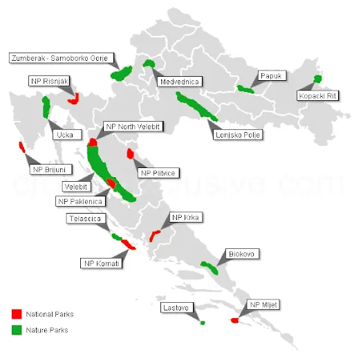 Carte des parcs et reserves nationaux en Croatie