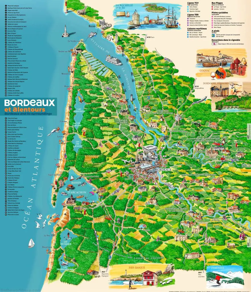 Carte touristique de Bordeaux . Les lieux à visiter .