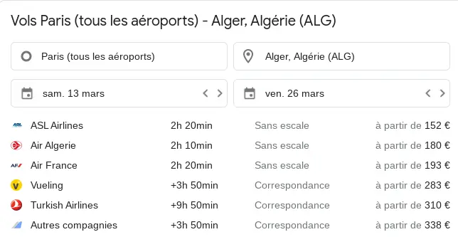 Comparetur de prix pour un vol Paris Alger
