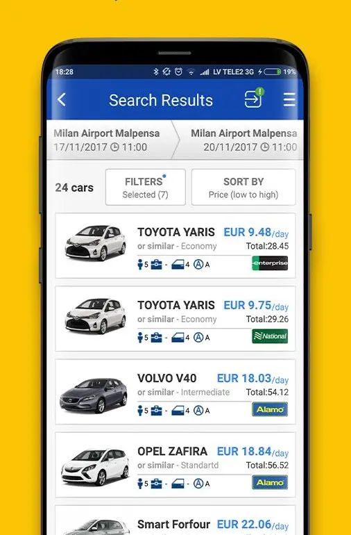 Application mobile pour comparer les prix pour une location voiture : Economy Booking